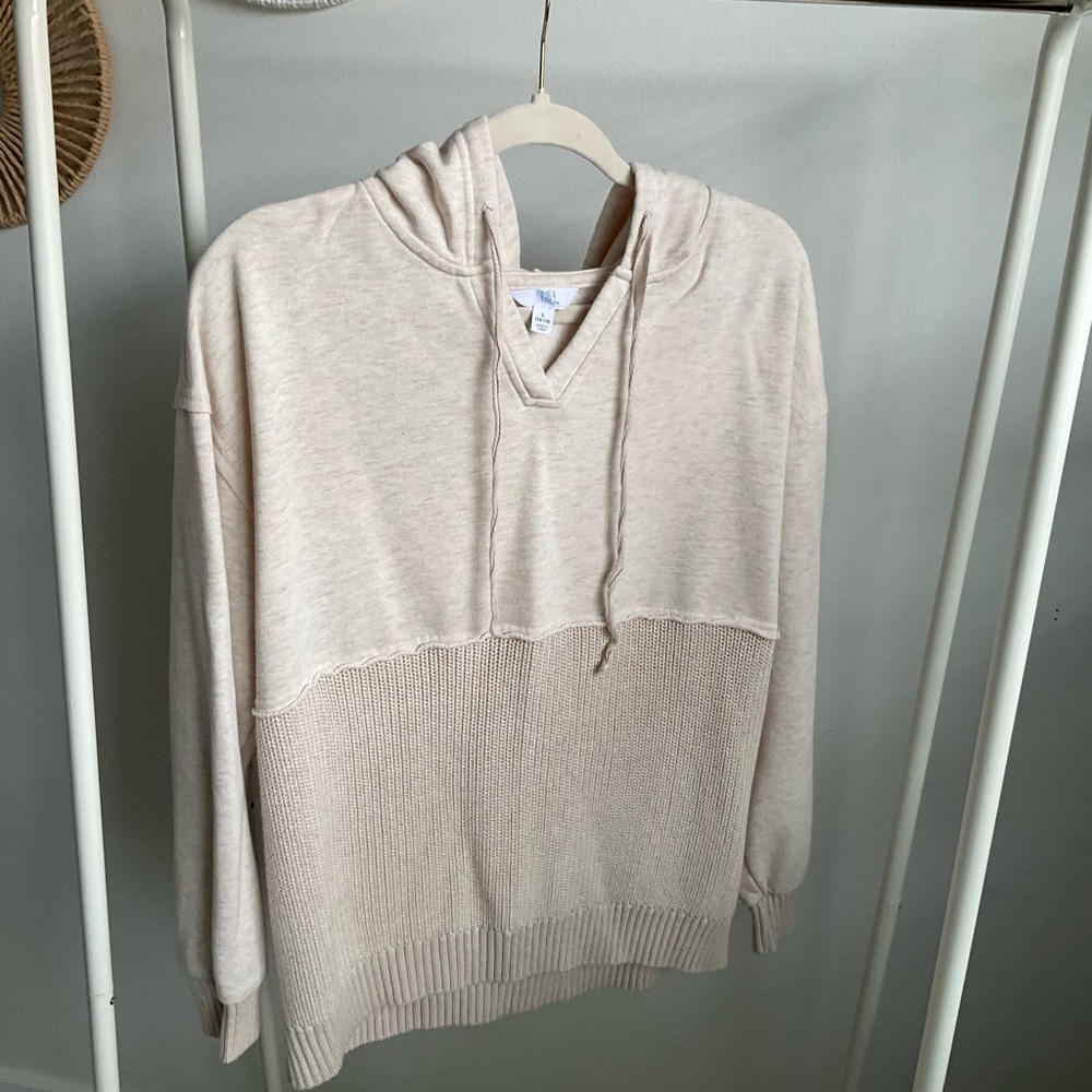 Time and Tru Cream Mixed Media Hoodie Sweater
